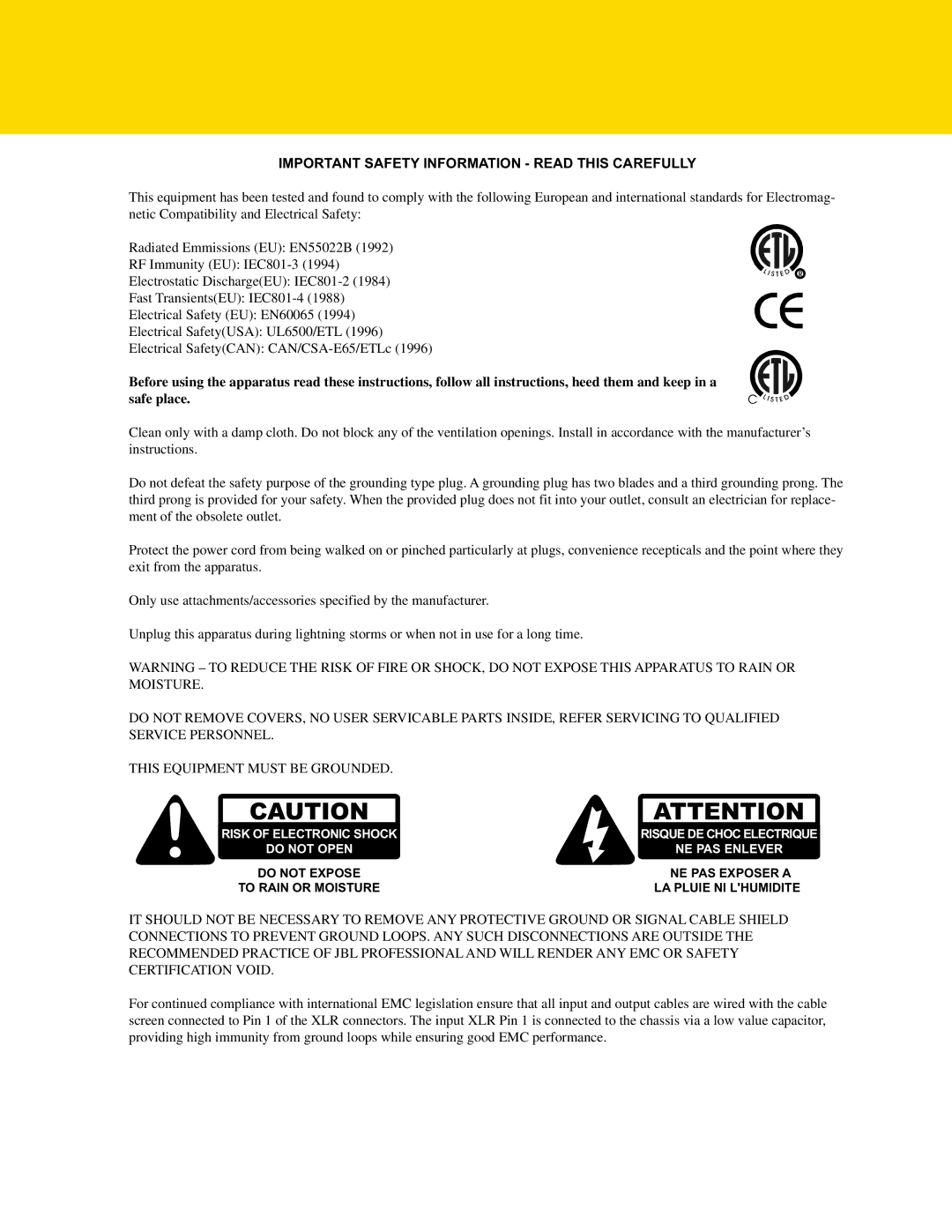 JBL EVO1.324 manual Important Safety Information Read this Carefully 