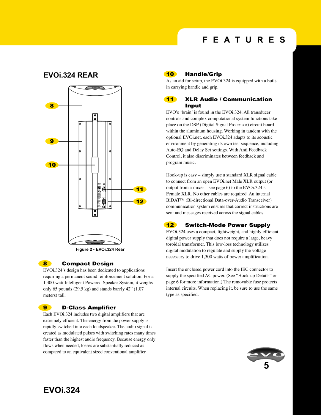 JBL EVO1.324 manual Compact Design, Handle/Grip, XLR Audio / Communication Input, Switch-Mode Power Supply, Class Amplifier 