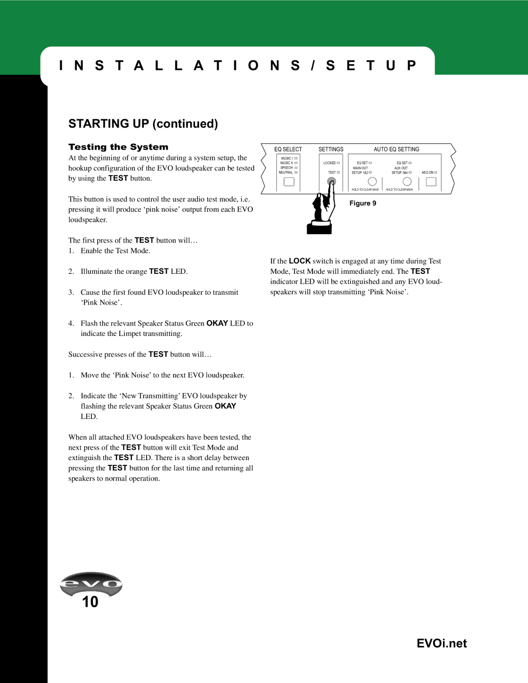 JBL EVOi.net manual Testing the System, EQ Select Settings Auto EQ Setting 