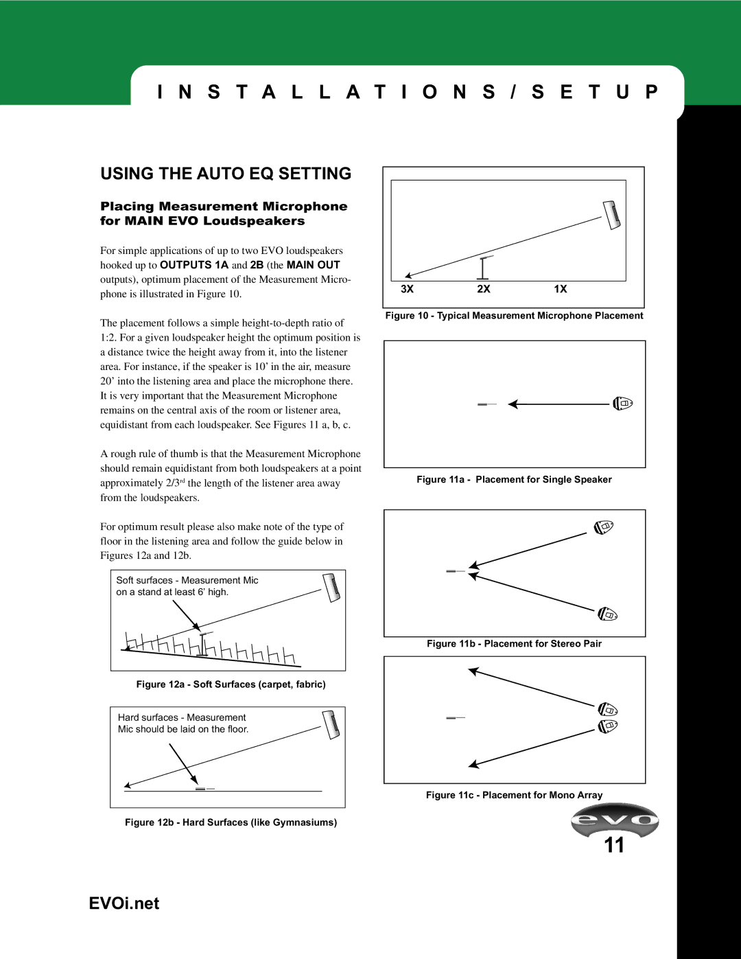 JBL EVOi.net manual Using the Auto EQ Setting, Placing Measurement Microphone for Main EVO Loudspeakers 