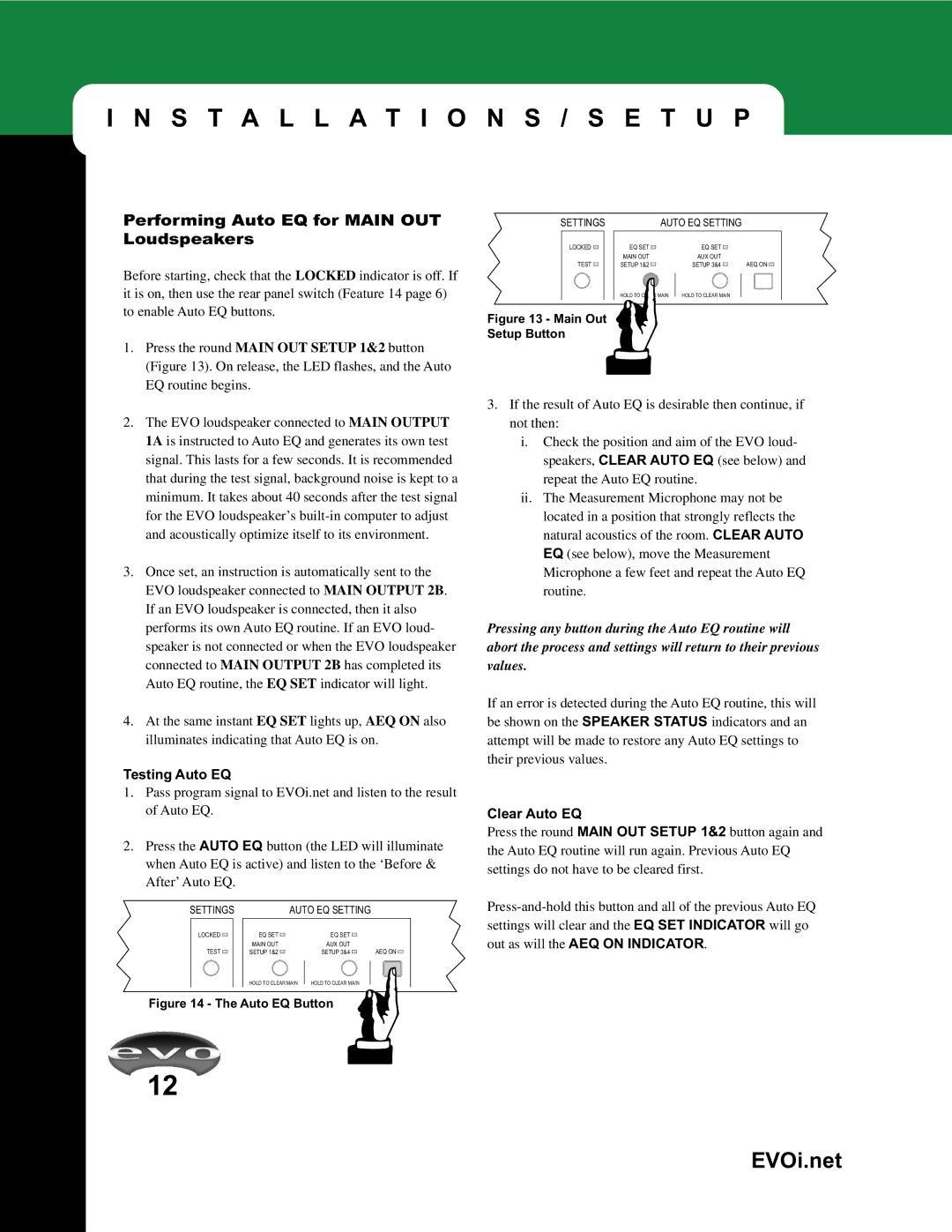 JBL EVOi.net manual Performing Auto EQ for Main OUT Loudspeakers, Testing Auto EQ, Clear Auto EQ 