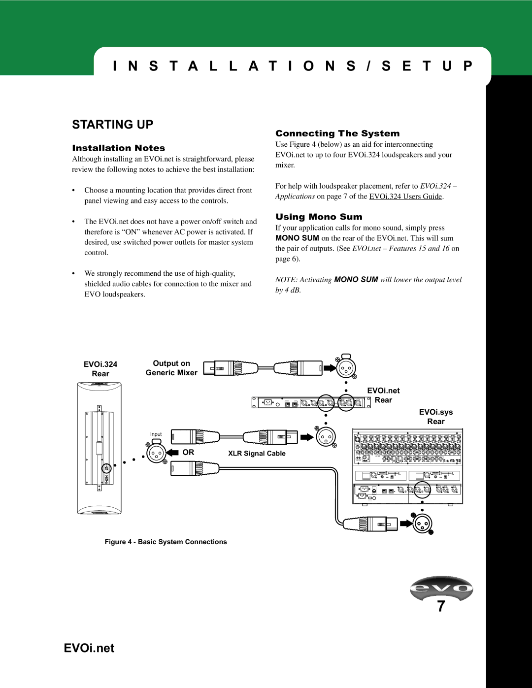 JBL EVOi.net manual Starting UP, Installation Notes, Connecting The System, Using Mono Sum 