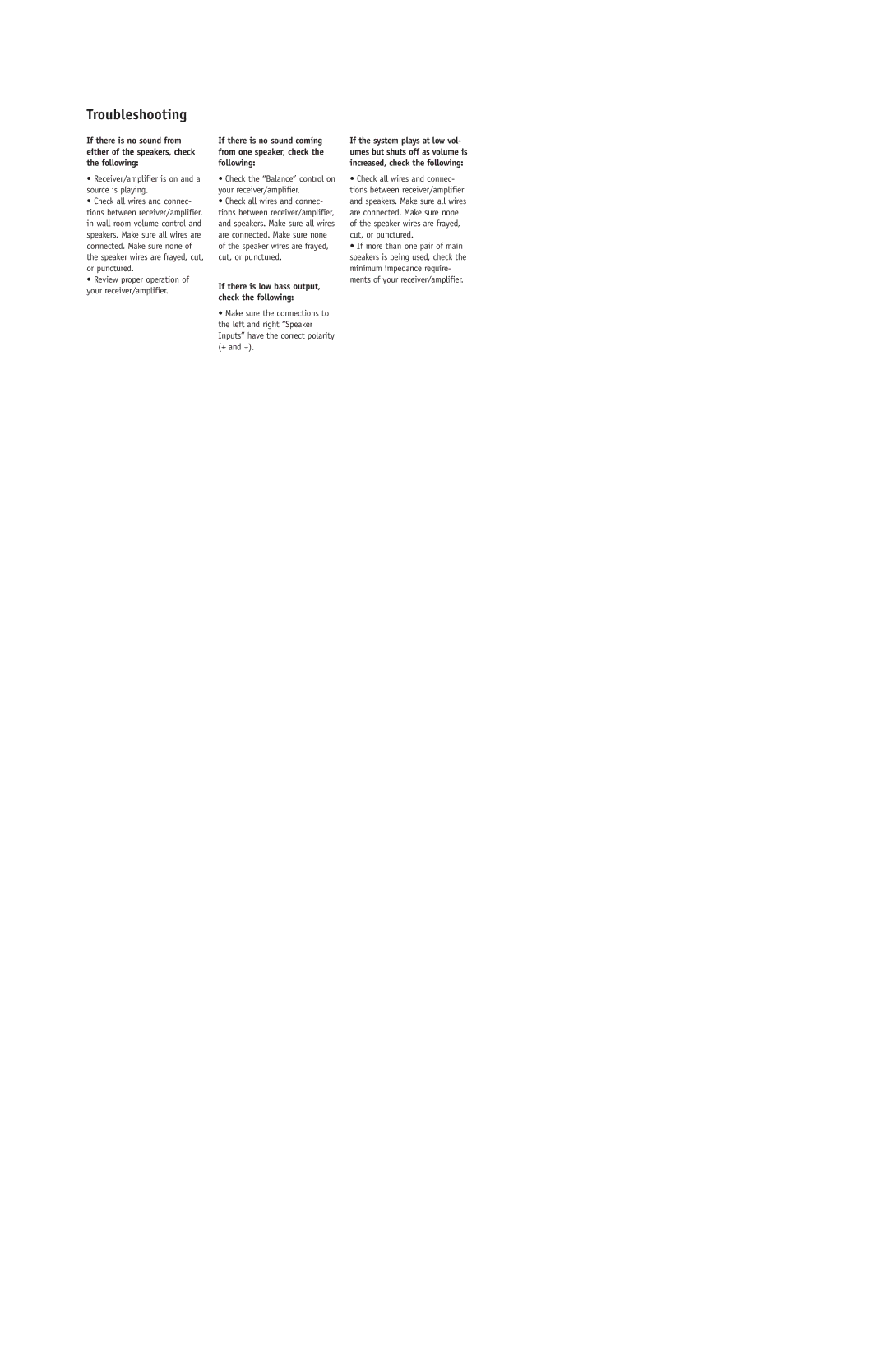 JBL FM52, FM62, FM8SUB, FM65C, FM82 setup guide Troubleshooting 