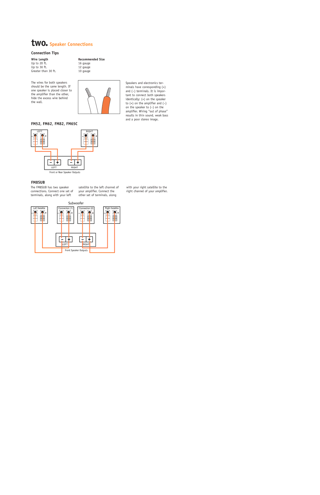 JBL FM65C, FM52, FM62, FM8SUB, FM82 setup guide Two. Speaker Connections, Wire Length Recommended Size 