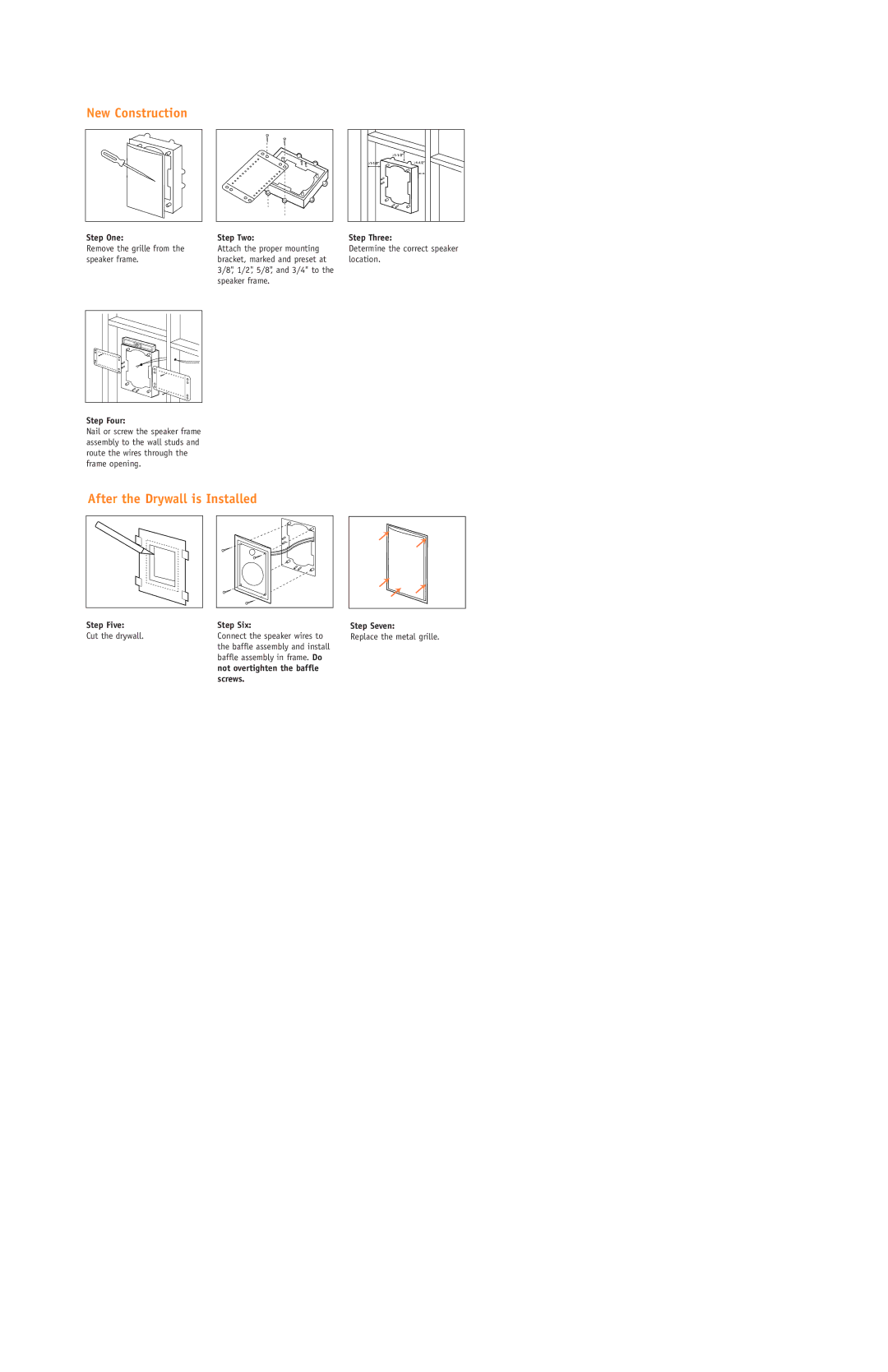 JBL FM62, FM52, FM8SUB, FM65C New Construction, After the Drywall is Installed, Step Five Step Six Cut the drywall, Screws 
