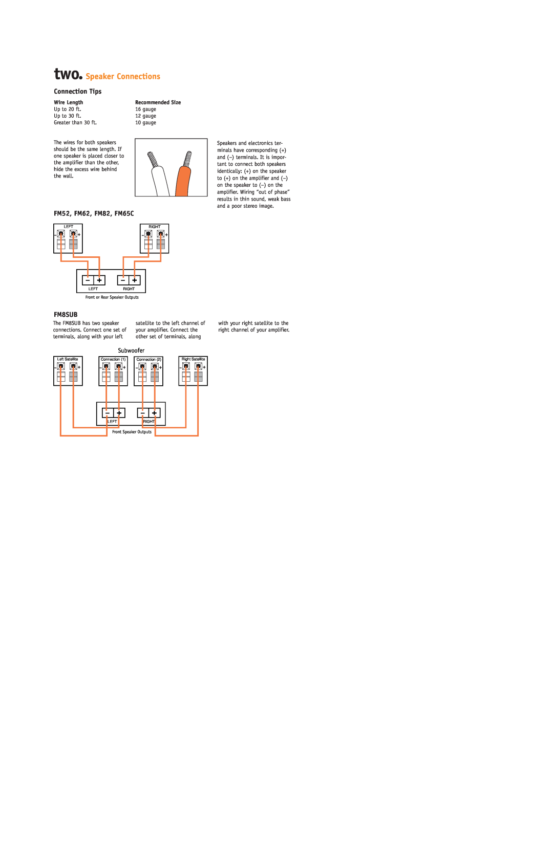 JBL setup guide two. Speaker Connections, Connection Tips, FM52, FM62, FM82, FM65C, FM8SUB, Subwoofer 