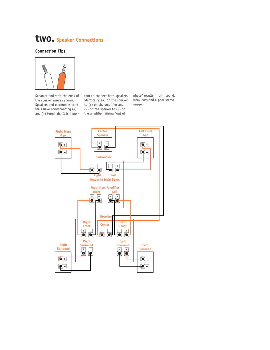 JBL G Cinema setup guide Two. Speaker Connections, Connection Tips 