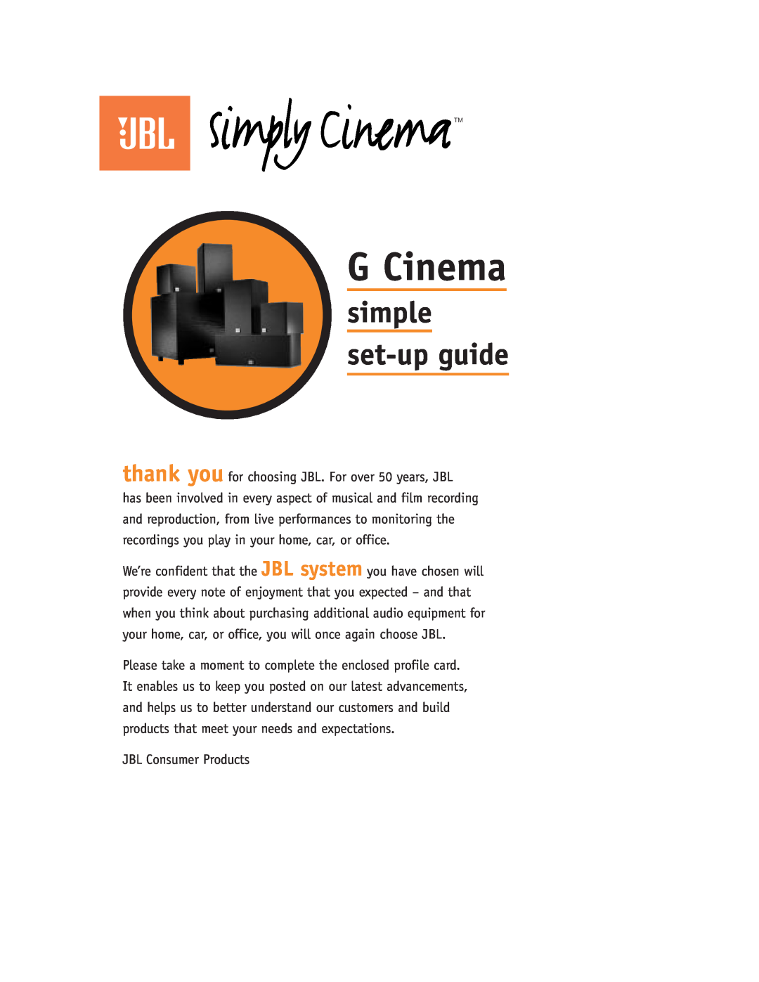JBL G Cinema setup guide simple set-upguide, JBL Consumer Products 