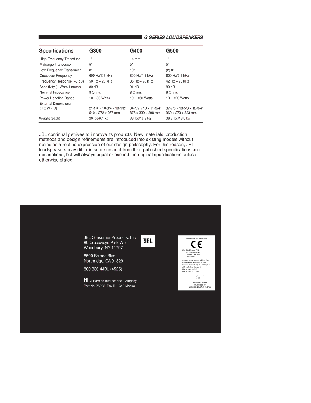 JBL G Series owner manual Speciﬁcations G300 G400 G500, 800 336 4JBL 