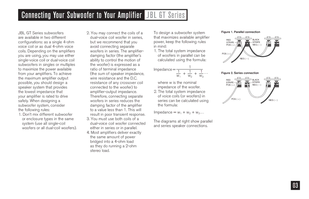 JBL GT150D, GT100D, GT120D Connecting Your Subwoofer to Your Amplifier J BL GT Series, Parallel connection 