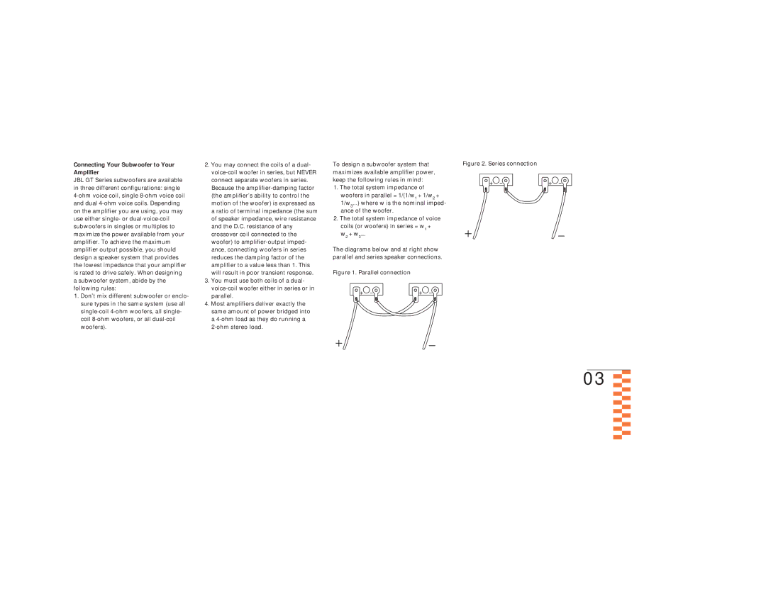 JBL GT1041D, GT1281, GT1241D, GT1081 owner manual Connecting Your Subwoofer to Your Ampliﬁer, Series connection 