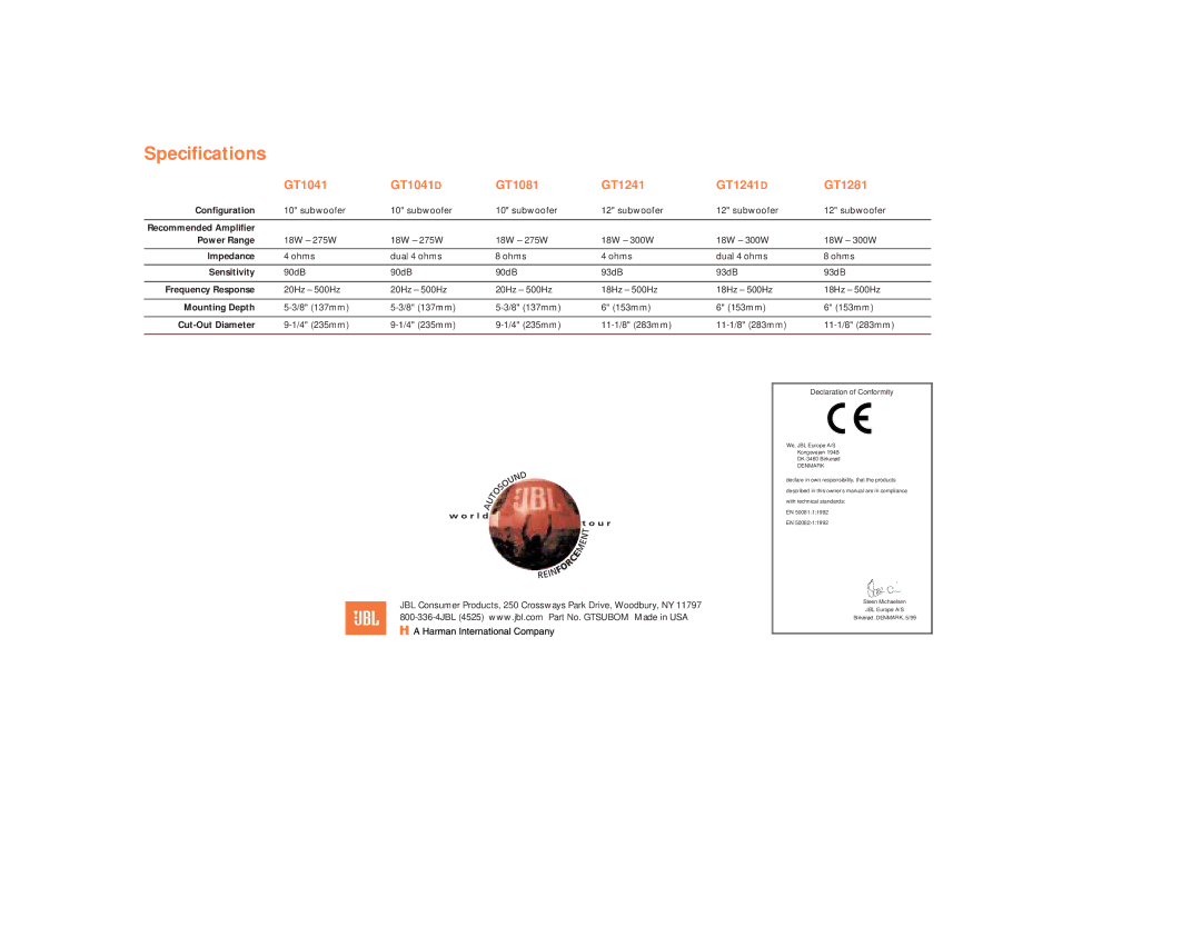 JBL GT1241 Conﬁguration, Recommended Ampliﬁer Power Range, Impedance, Sensitivity, Frequency Response, Mounting Depth 