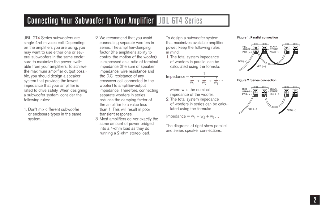 JBL GT4-10, GT4-15, GT4-12 owner manual Connecting Your Subwoofer to Your Amplifier JBL GT4 Series, Parallel connection 