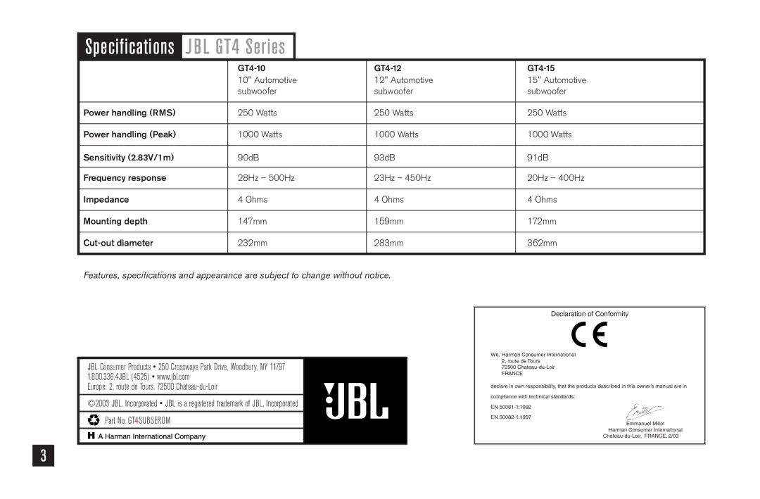 JBL GT4-15, GT4-12, GT4-10 owner manual JBL GT4 Series 