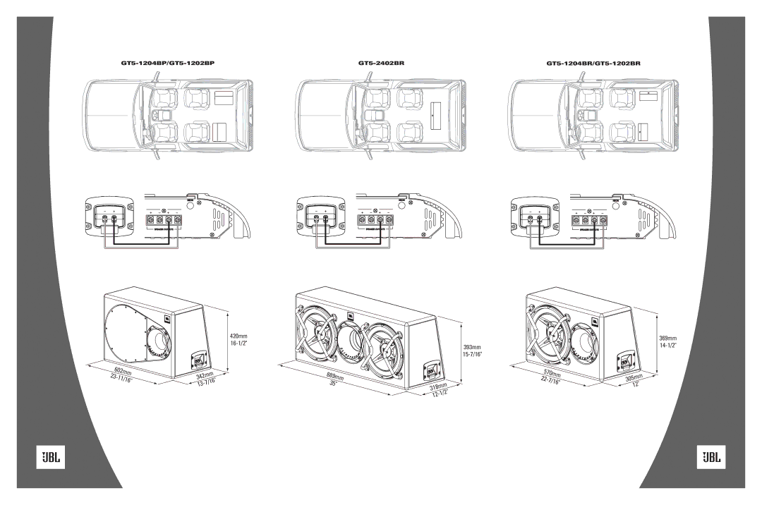 JBL GT5-1202BR, GT5-2402BR, GT5-1202BP, GT5-1204BR, GT5-1204BP manual do utilizador 420mm 16-1/2 342mm 13-7/16 