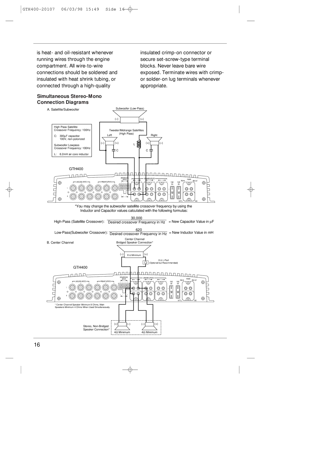 JBL GTH400-20107 manual Simultaneous Stereo-Mono Connection Diagrams, Satellite/Subwoofer 