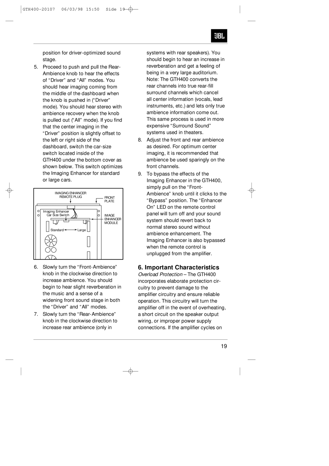 JBL GTH400-20107 manual Important Characteristics 