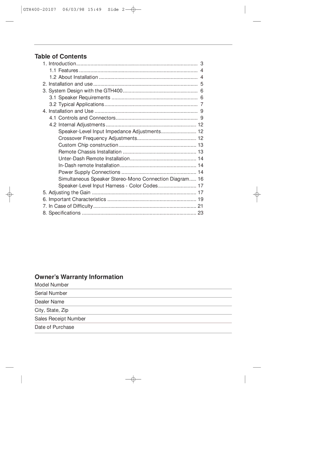 JBL GTH400-20107 manual Table of Contents, Owner’s Warranty Information 