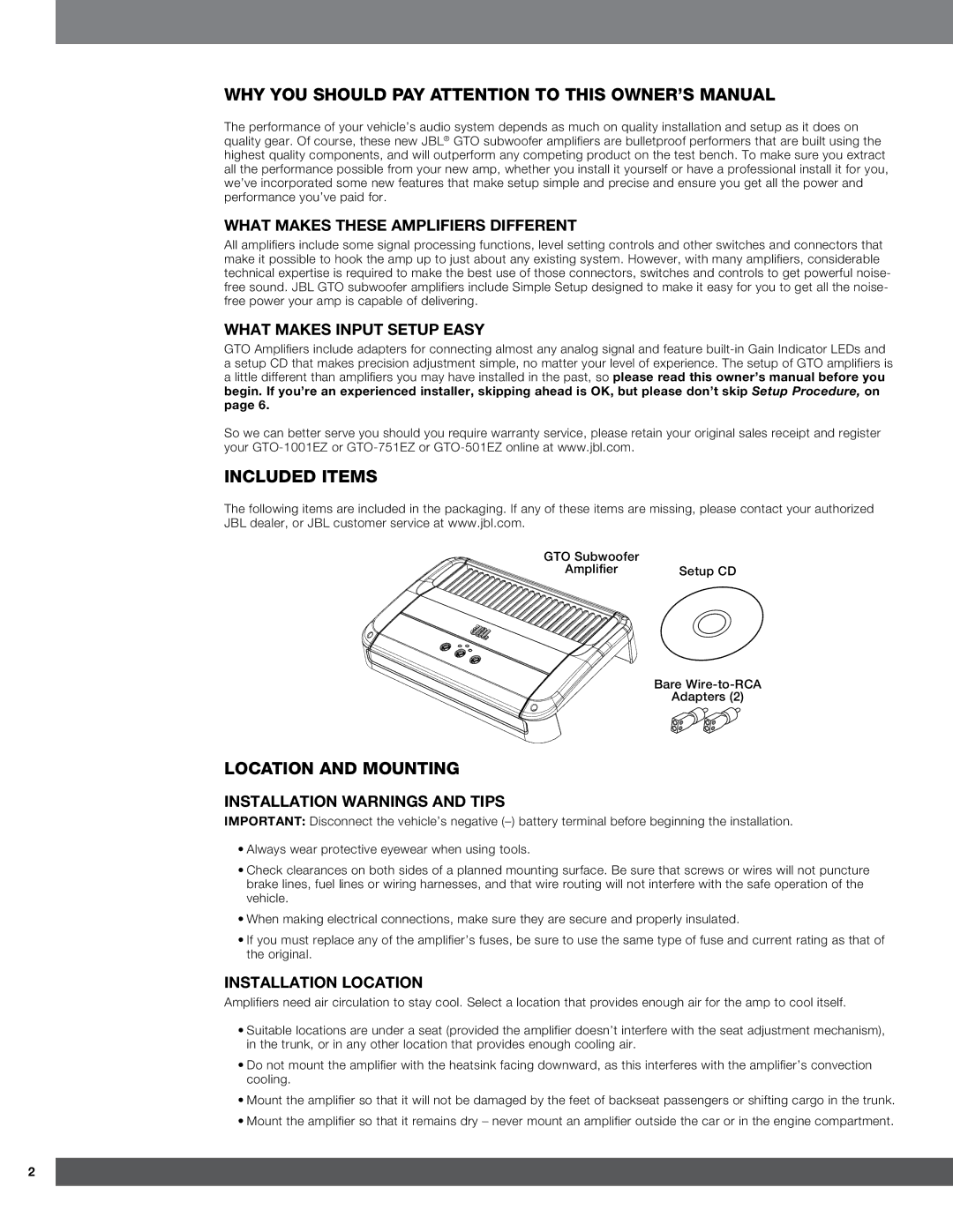 JBL GTO-751EZ, GTO-1001EZ, GTO-501EZ owner manual Included Items, Location and Mounting 