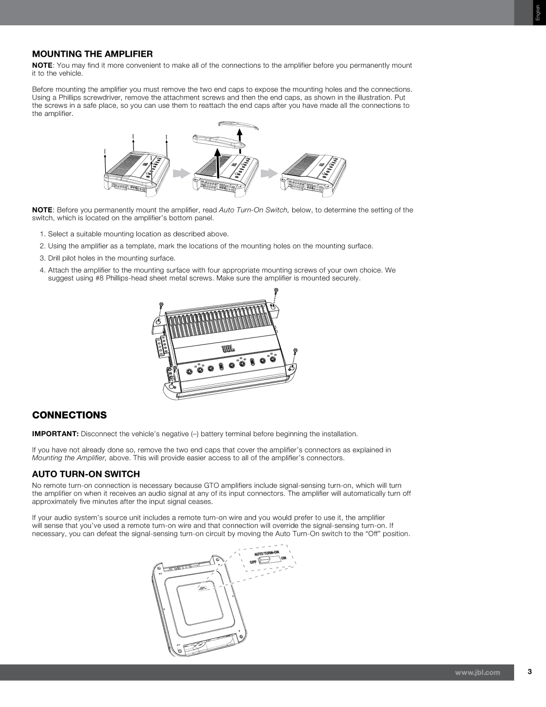 JBL GTO-1001EZ, GTO-501EZ, GTO-751EZ owner manual Connections, Mounting the Amplifier, Auto Turn-On Switch 