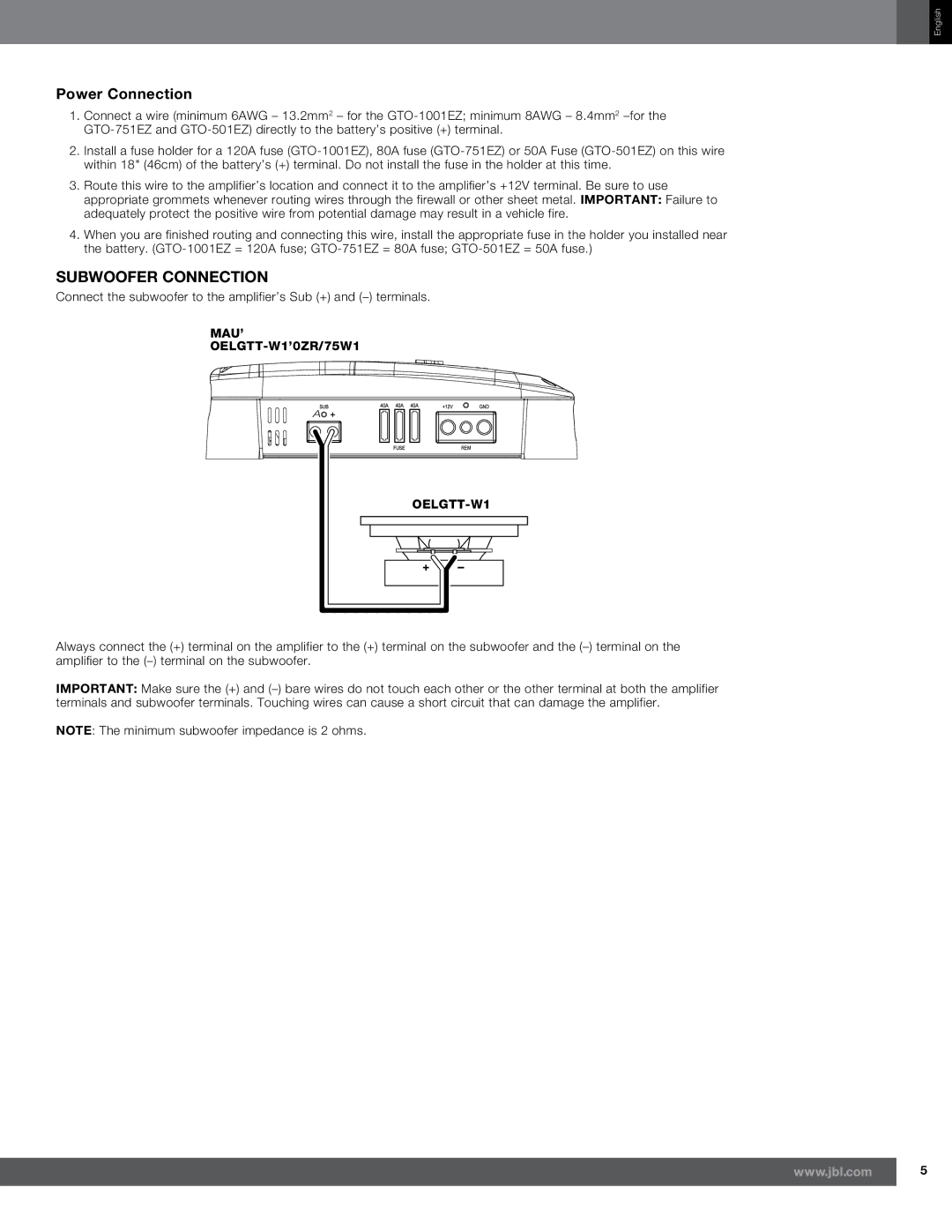 JBL GTO-751EZ, GTO-1001EZ, GTO-501EZ owner manual Power Connection, Subwoofer Connection 