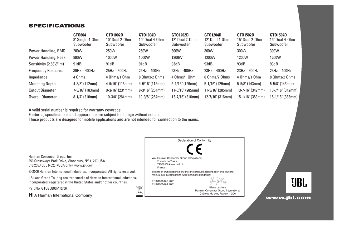 JBL GTO1502D, GTO1004D, GTO1002D, GTO804, GTO1204D, GTO1202D, GTO1504D owner manual Specifications, Part No. GTOSUBOM10/06 