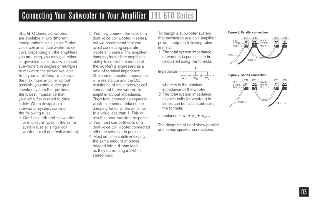 JBL GTO10200, GTO12200 owner manual Connecting Your Subwoofer to Your Amplifier J BL GTO Series, Parallel connection 