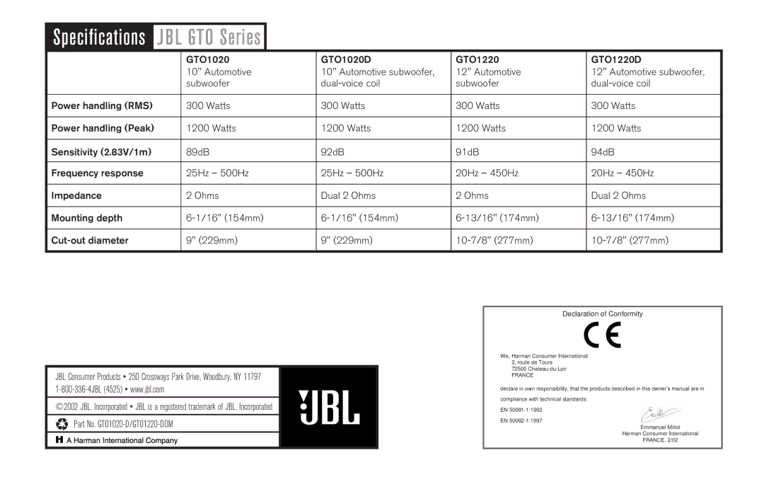 JBL GTO10200, GTO12200 owner manual BL GTO Series 