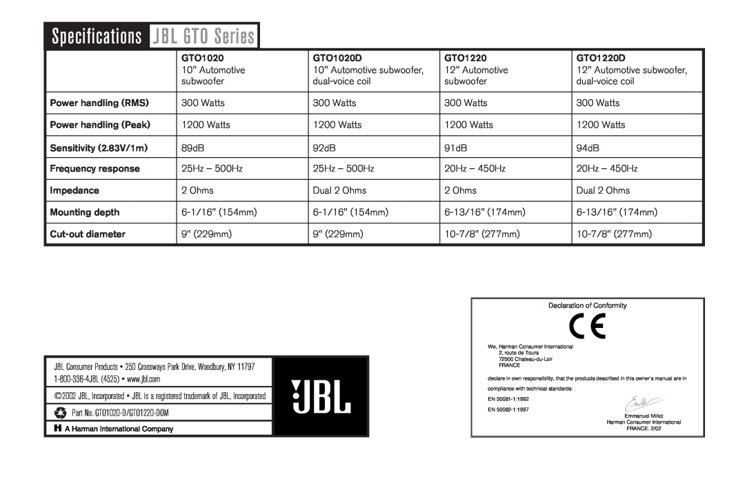 JBL GTO10200, GTO12200 owner manual J BL GTO Series, Specifications 