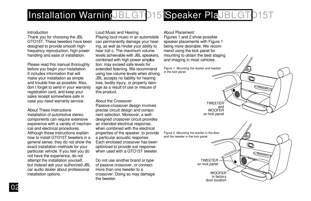 JBL owner manual Speaker Placement J B L GTO15T, Introduction 