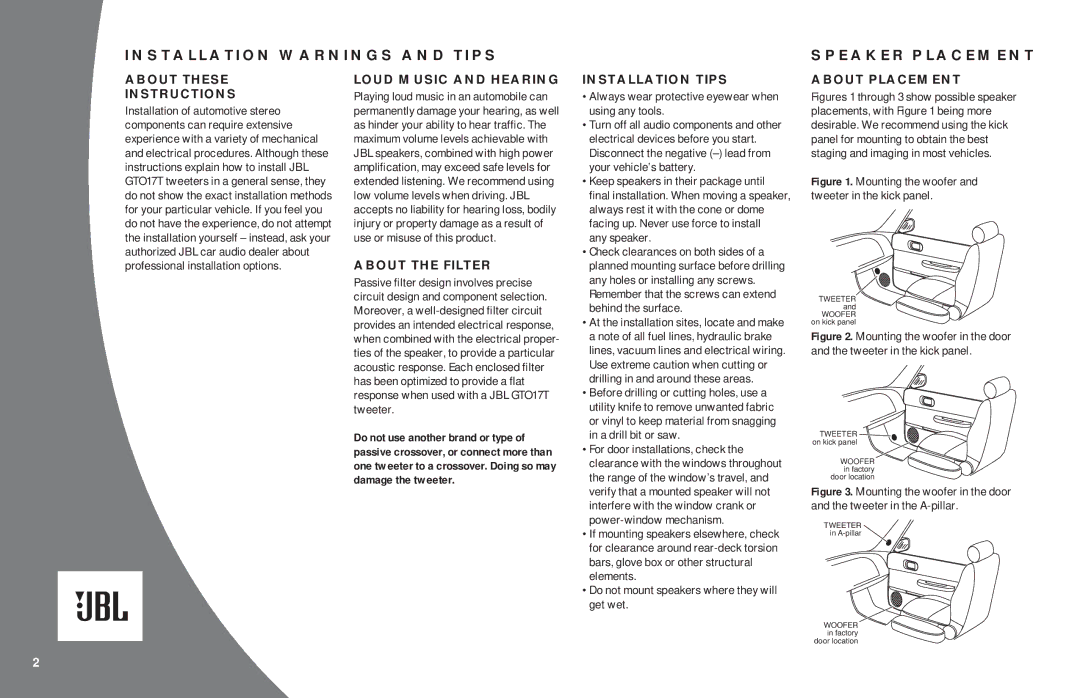 JBL GTO17T owner manual Installation Warnings and Tips Speaker Placement 