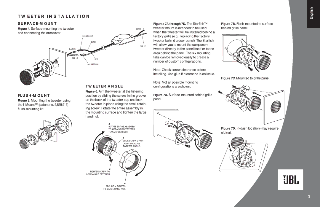 JBL GTO17T owner manual Tweeter Installation, Surface-Mount, Flush-Mount, Tweeter Angle 