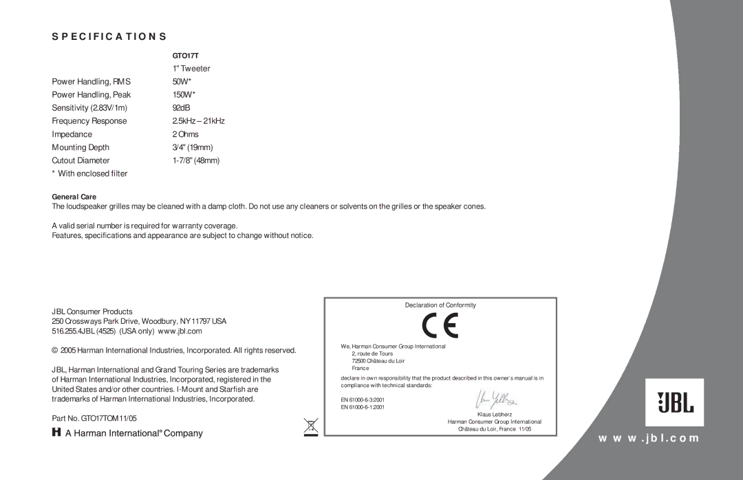 JBL GTO17T owner manual Specifications 