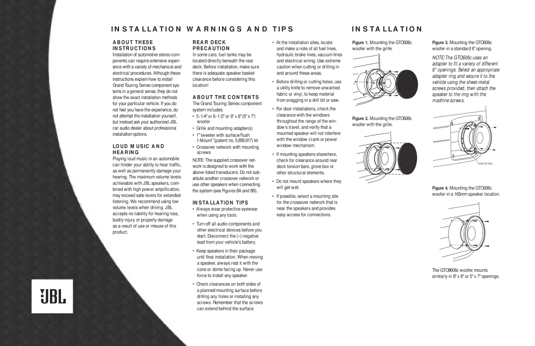 JBL gto606c, gto506c Installation Warnings and Tips, About These Instructions, Loud Music and Hearing Rear Deck Precaution 