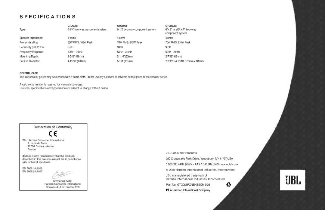 JBL gto606c, gto506c owner manual Specifications, General Care 