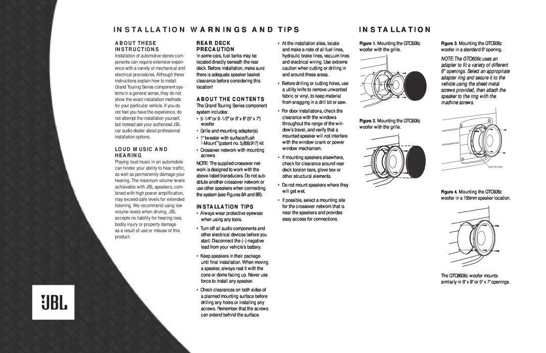 JBL gto606c Installation Warnings And Tips, About These Instructions, Loud Music And Hearing, Rear Deck Precaution 