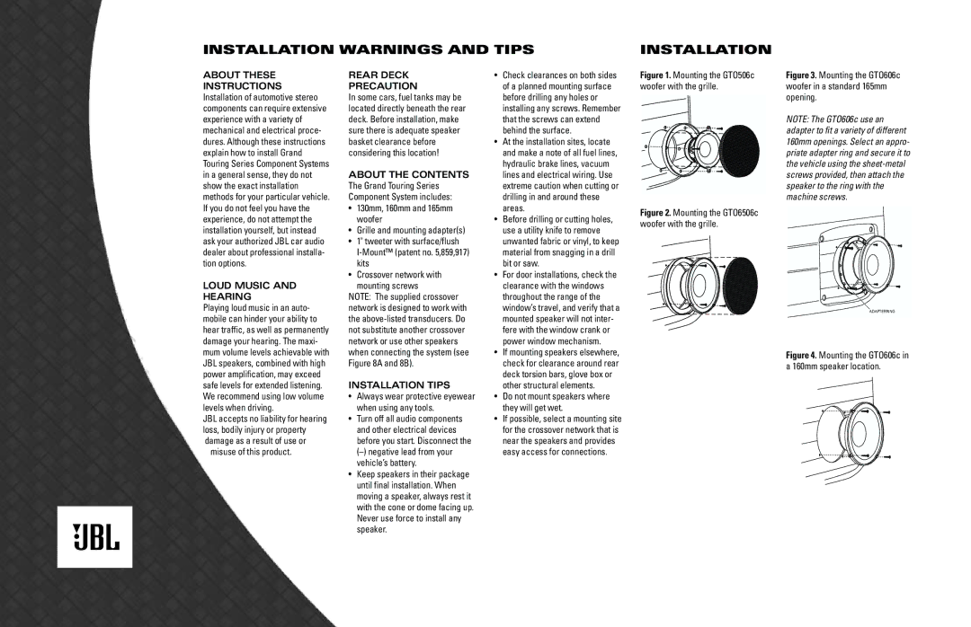 JBL gto6506c owner manual Installation Warnings and Tips 