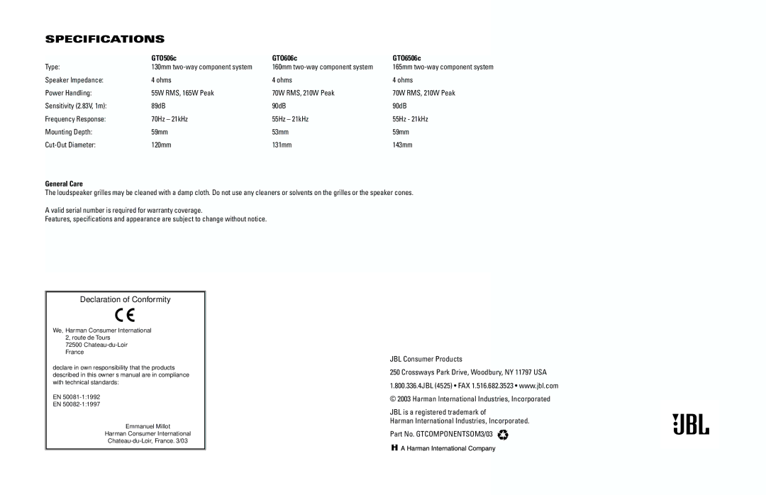 JBL gto6506c owner manual Specifications, GTO506c GTO606c GTO6506c 