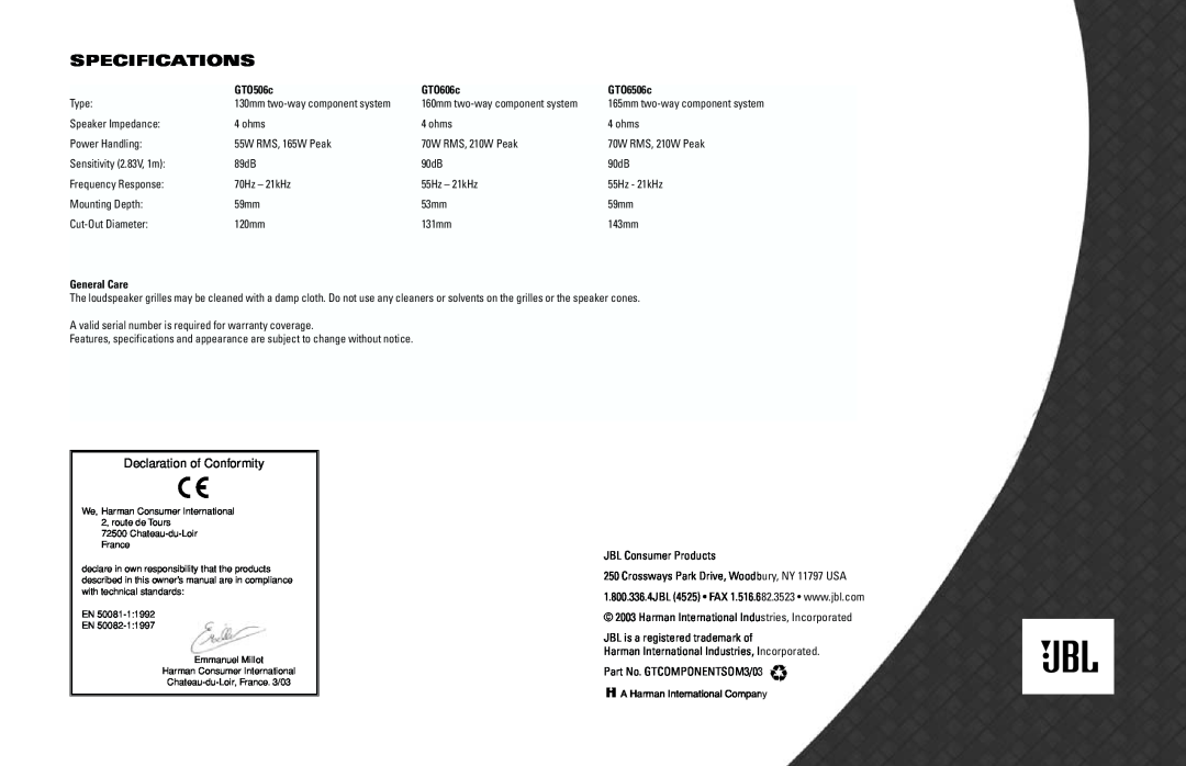 JBL gto6506c owner manual Specifications, GTO506c, GTO606c, GTO6506c, General Care, Declaration of Conformity 