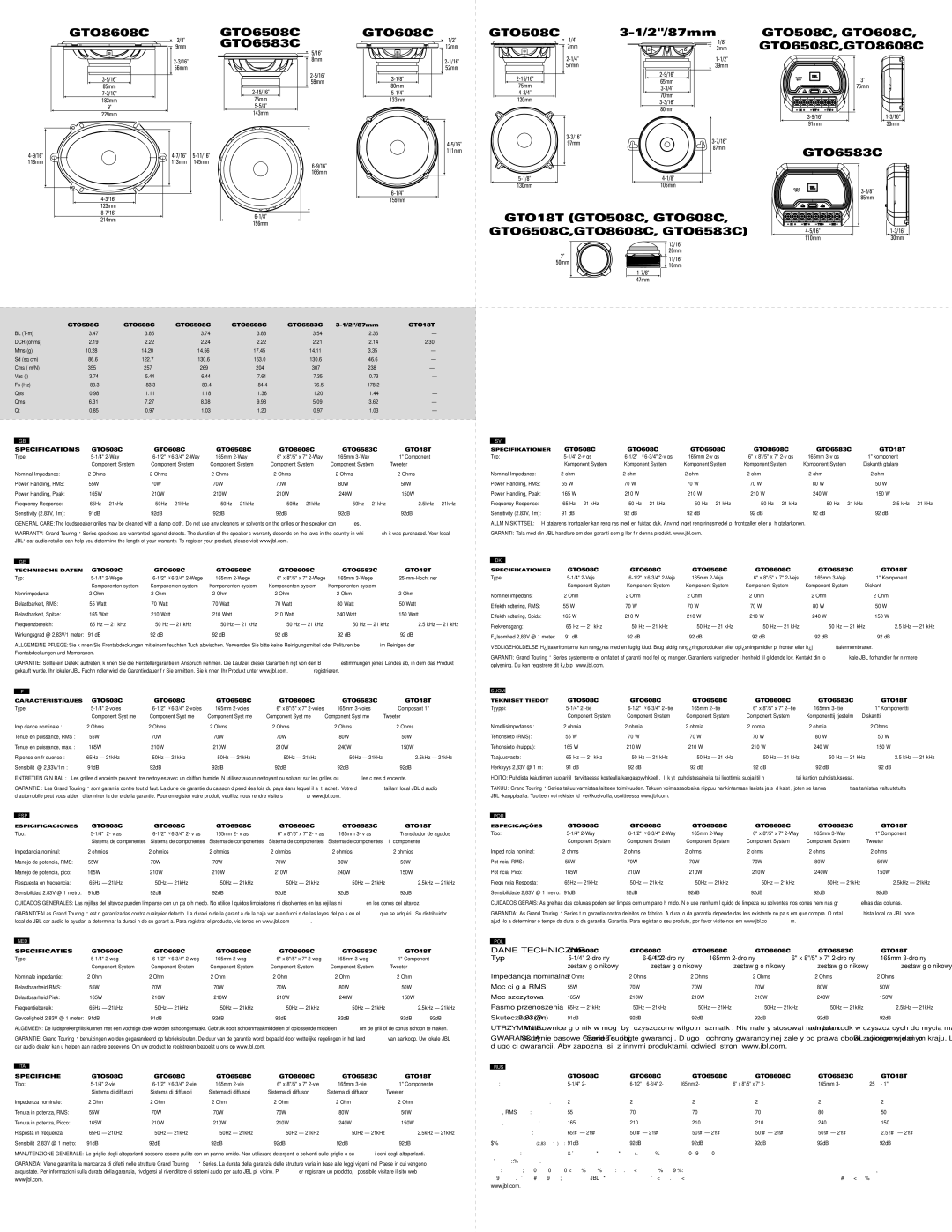 JBL GTO18T owner manual GTO8608C GTO6508C GTO6583C, GTO608C GTO508C, 2/87mm GTO508C, GTO608C GTO6508C,GTO8608C 