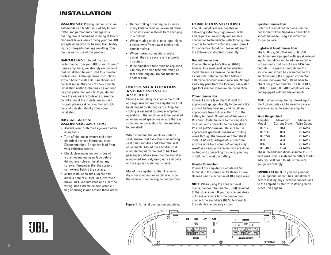 JBL GTO601.1, GTO755.6, GTO1201.1 Installation Warnings and Tips, Choosing a Location and Mounting the Amplifier 