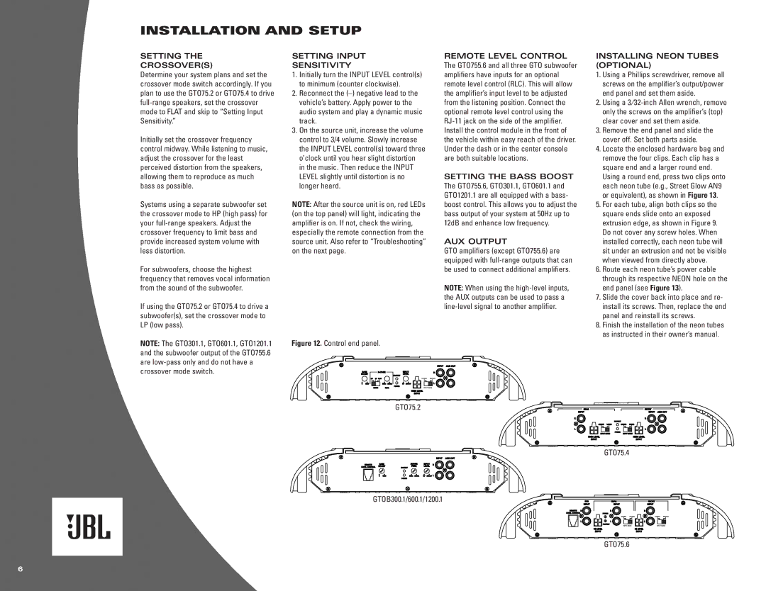 JBL GTO755.6, GTO1201.1, GTO601.1, GTO75.4 Installation and Setup, Setting Crossovers, Setting Input Sensitivity, AUX Output 