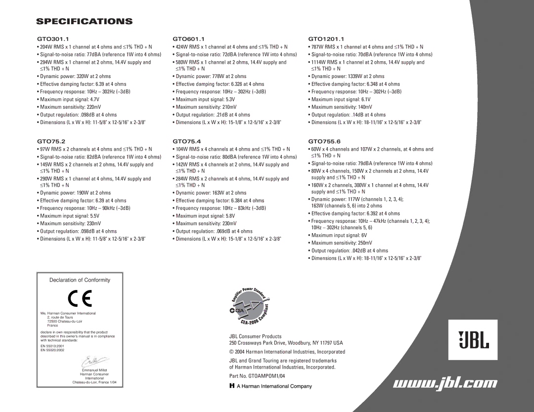 JBL owner manual Specifications, GTO301.1 GTO601.1 GTO1201.1, GTO75.2, GTO75.4, GTO755.6 