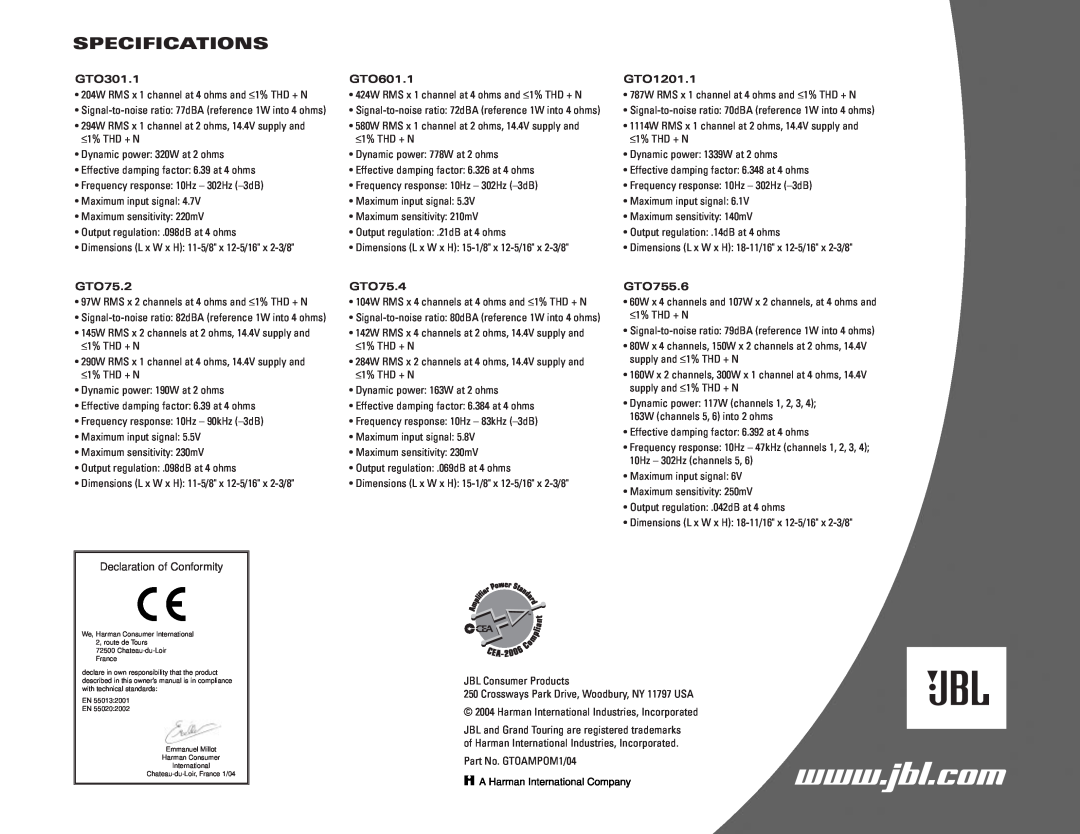 JBL GTO601.1 owner manual Specifications, GTO301.1, GTO1201.1, GTO75.2, GTO75.4, GTO755.6 