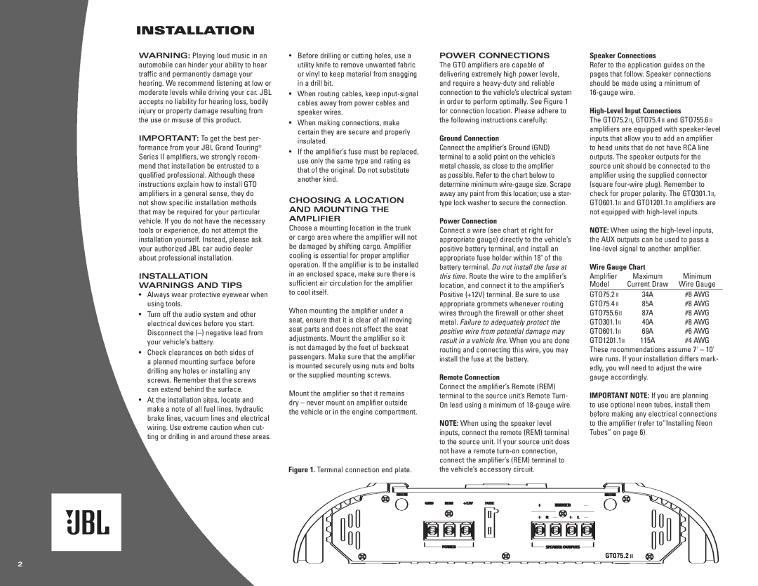 JBL gto75.4 II, gto755.6 II, gto75.2 II Installation Warnings and Tips, Choosing a Location and Mounting the Amplifier 