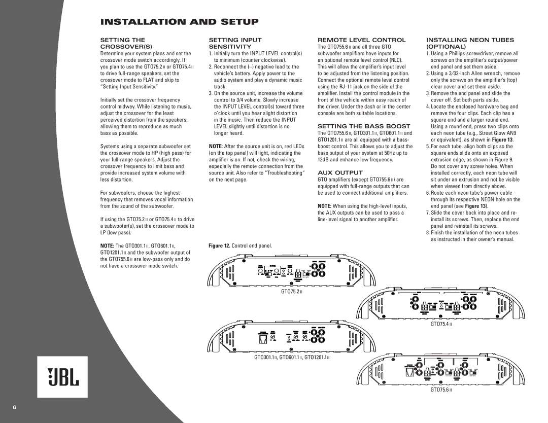 JBL gto755.6 II, gto75.2 II, gto75.4 II Installation and Setup, Setting Crossovers, Setting Input Sensitivity, AUX Output 