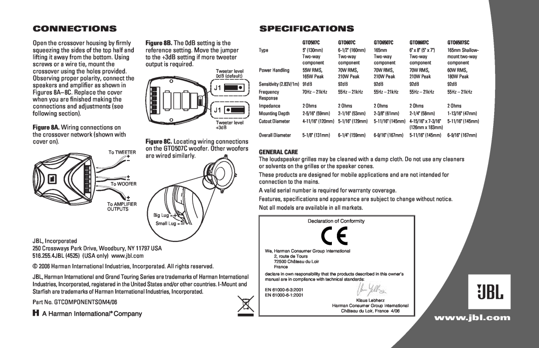 JBL GTO507C, GTO8607C, GTO607C, GTO6507SC, GTO6507C owner manual Connections, Specifications, General Care 
