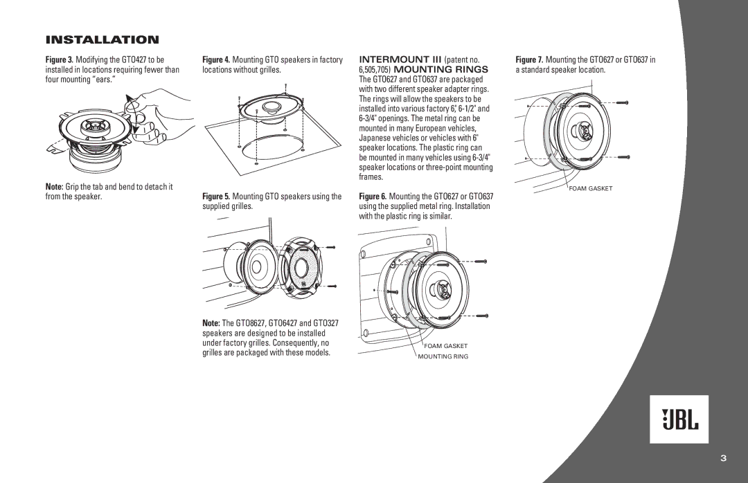 JBL GTO837, GTO8627, GTO927, GTO937, GTO6537, GTO6527 Installation, Mounting GTO speakers in factory locations without grilles 