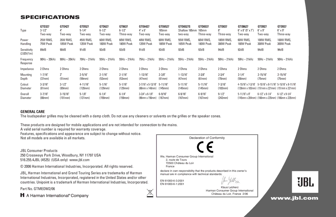 JBL GTO6537, GTO8627, GTO927, GTO937, GTO837, GTO627, GTO637, GTO427, GTO6527S, GTO527, GTO6427 Specifications, General Care 