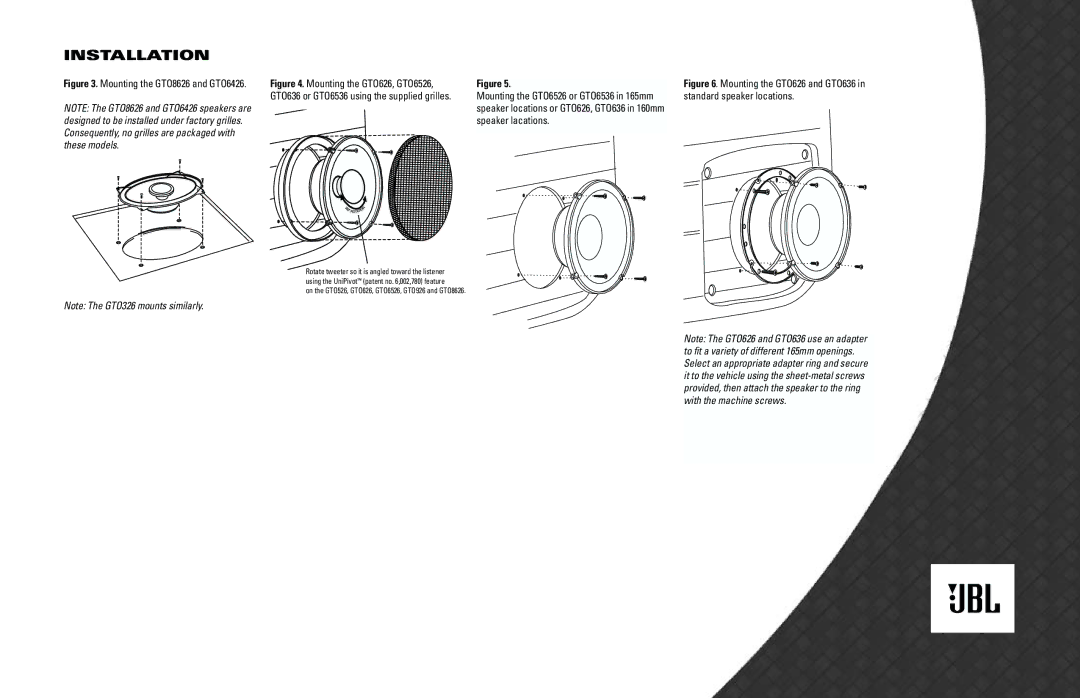 JBL GTO636, GTO926, GTO936, GTO626, GTO526, GTO426, GTO836, GTO326, GTO6536 Installation, Mounting the GTO8626 and GTO6426 